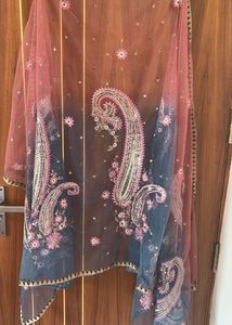 Red Printed Dupatta And Embroidery