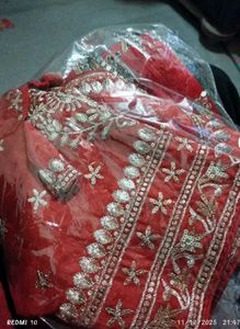 Red Saree with Embellished Blouse