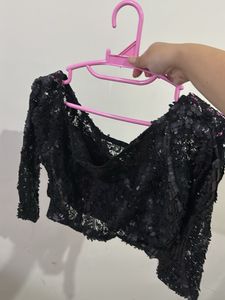 Sequin Embellished Black Crop Off shoulder Top