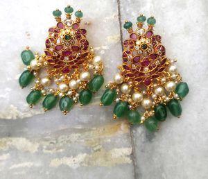 Pearl &amp; Gemstone Gold Finish Real Beeds Earrings