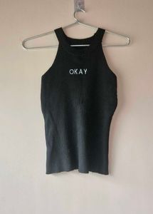 Black Solid Ribbed Top
