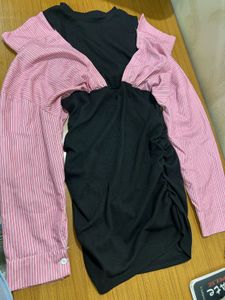 pink off shoulder black dress