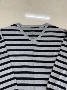 Striped V-Neck Pullover Drop-shoulder