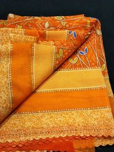 Orange Leaf Print Sari with Lace Border