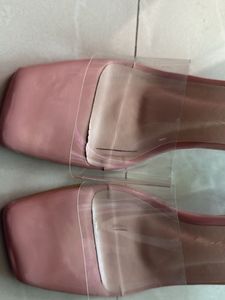 Nude Block Heel Mules with Clear Strap