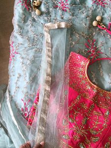 Pink And Sea Green Lehnga With Dupatta