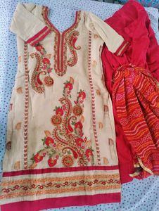 Elegant Beige & Red Embroidered Suit