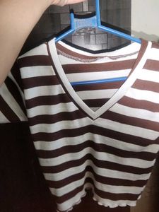 Brown &amp; White Striped V-Neck Top