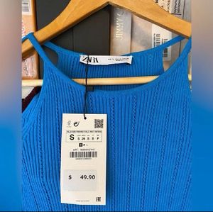 Zara Pointelle Blue Stretch Cold Shoulder Bodycon