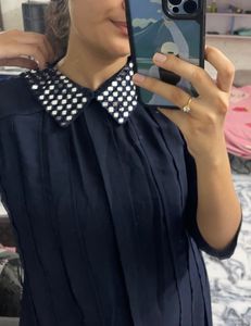 Blue Mirror Work Neck Platted dress 🥰