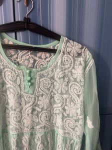 Green White Lucknowi Kurta-L
