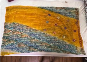 Beaded Dual-tone Saree In Mustard And Teal