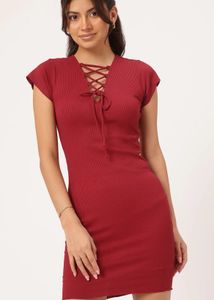Burgundy Lace-Up Ribbed Bodycon Dress