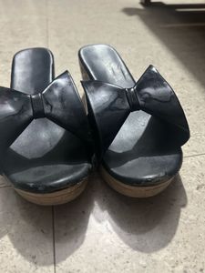 Black Wedge Heel Bow Sandals