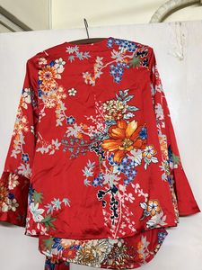 Red Floral Flared Sleeves Wrap Top