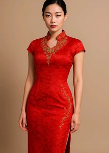 Elegant Red Embroidered Cheongsam Dress