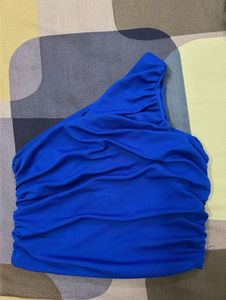 Blue One-Shoulder Ruched Top