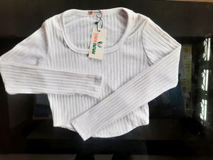 White Ribbed Long Sleeve Top