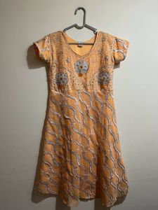 Orange, silver Anarkali For Women And Girls
