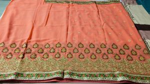 Beautiful Peach Sari With Stitch Blouse