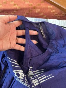 Blue Cotton Thread Work Short  Kurti