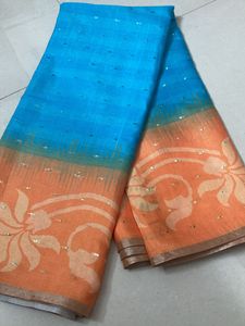 New Sea Blue And Mango Yellow Saree For Grabs