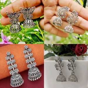 Combo of 4 Oxidised Silver Jhumka Earrings Women.