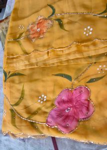 Mango Yellow Paint Colored Saree With Blouse. (New