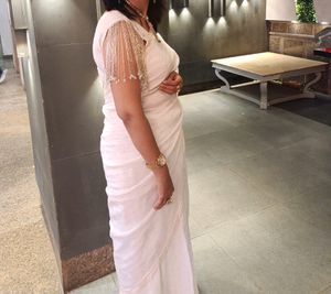 Trendy Beads Work Sari With Sleevless Blouse