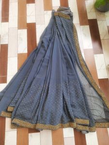 Elegant Grey &amp; Gold Saree