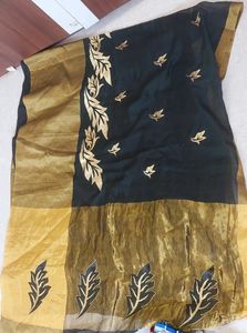 Black &amp; Golden Saree With Pico Fall