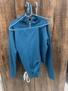 Teal Zip-Up Ribbed Long Sleeve Top And Trouser