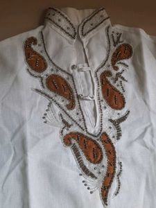mens White Kurta with Embroidery