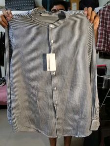 Striped Grandad Collar Shirt - Size L