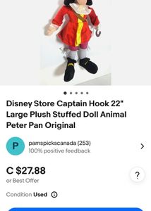 Disney Store Captain Hook 22" Large Plush Stuffed