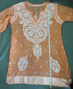 Soft Mulmul Cotton Chikankari Orange Kurti