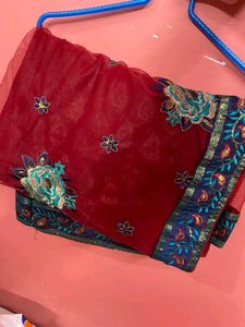 RED NET SAREE WITH BLOUSE