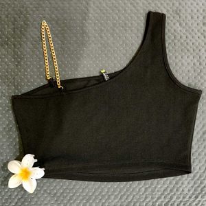 🖤 Luxe 1-Shoulder Black Crop Top+Goldchain Accent