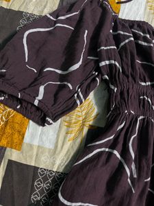 brown offshoulder with neck strip dress