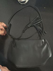 Black Leather Tassel Crossbody