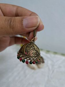 Antique Jhumka With Red And Green Beads
