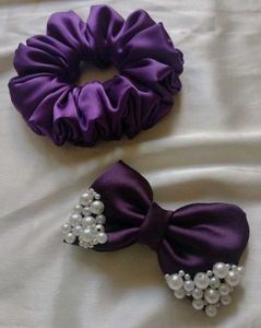 Satin Beeded Scrunchie And Bow Clip