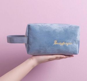 BLUE BEADS Plain Simple Cosmetic Velvet Makeup Pou
