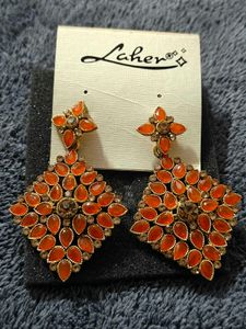 Orange Stone Diamond-Shaped Earrings