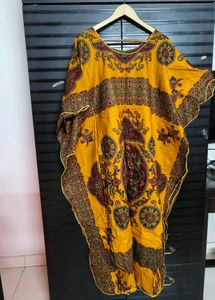 Women Yellow Red Printed Cotton Kaftan Maxi Dress