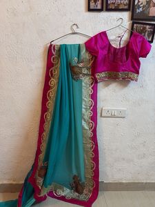 Pure chiffon Blue & Pink Saree