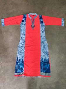 Elegant Red & Blue Printed Kurti with Embroidered