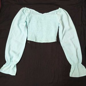 Blue Smocked Crop Top