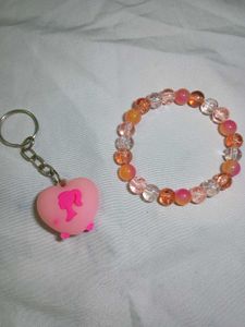 Barbie Keychain &amp; pink orange beaded Bracelet