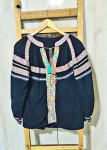 Boho Embroidered Peasant Black Top size'-42-44